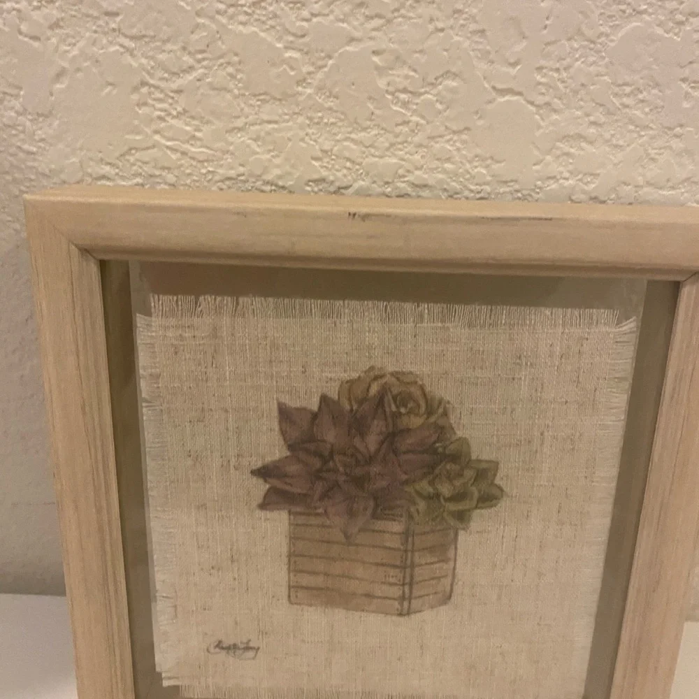 Vintage Signed Textured Fabric Botanical Wall Art with Natural Wood Frame 7”x 7”